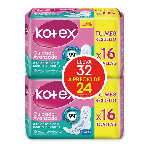 Toalla Femenina Kotex Ultrafina con Alas x 32 un